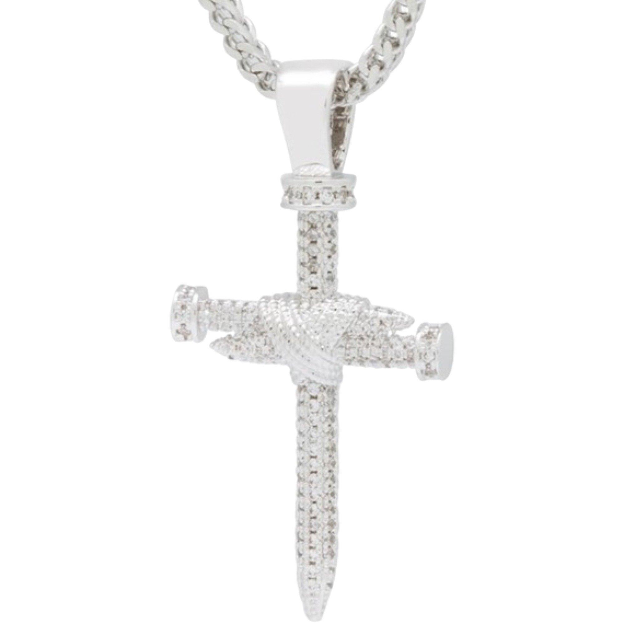 King Ice White Gold Plated Nail Cross Necklace - SILVER